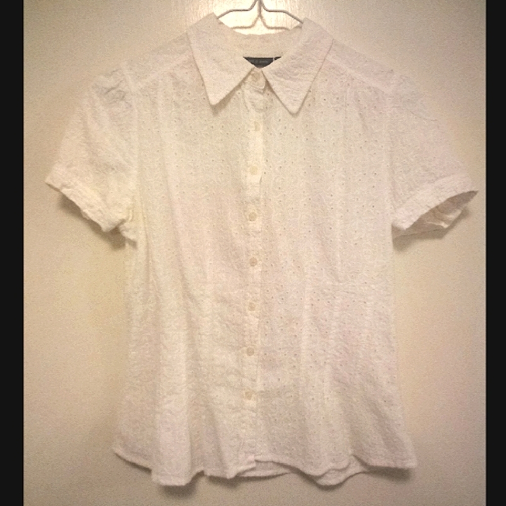 White Embroidered Eyelet Button-down Shirt, Short Sleeve